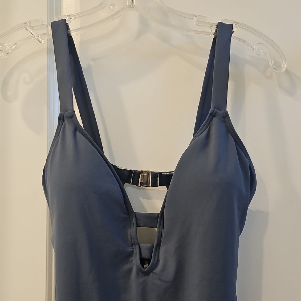 Navy Deep V One-Piece Swimsuit with Strappy Back - Picture 2 of 4